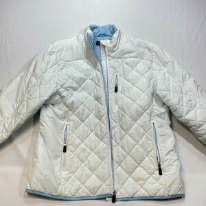 Lands End Womens Quilted Jacket White Light Blue Collar Zip Pockets Size L 14-16